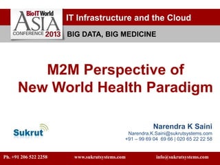 IT Infrastructure and the Cloud
BIG DATA, BIG MEDICINE
M2M Perspective of
New World Health Paradigm
Narendra K Saini
Narendra.K.Saini@sukrutsystems.com
Ph. +91 206 522 2258 www.sukrutsystems.com info@sukrutsystems.com
 