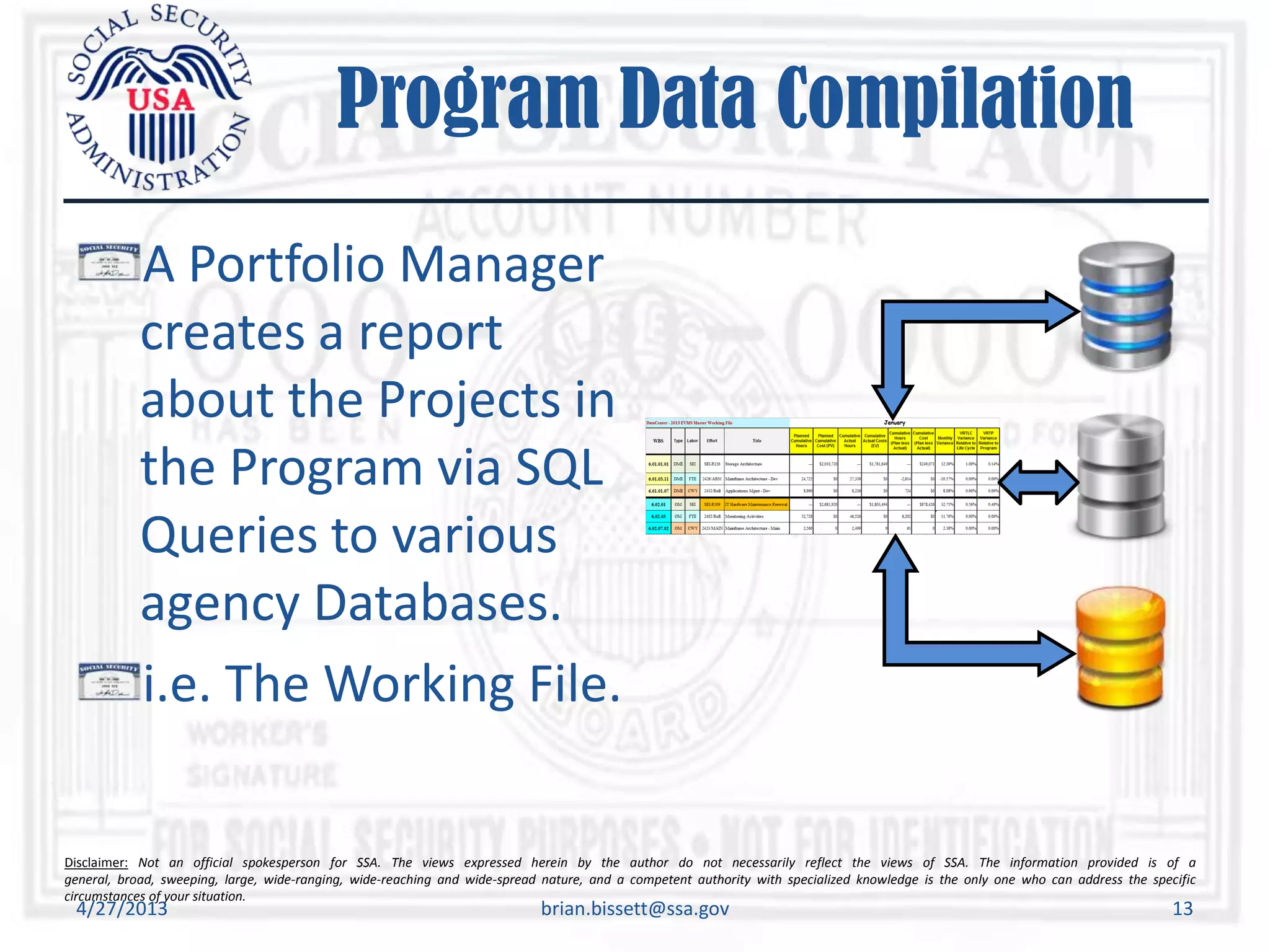 Disclaimer: Not an official spokesperson for SSA. The views expressed herein by the author do not necessarily reflect the views of SSA. The information provided is of a
general, broad, sweeping, large, wide-ranging, wide-reaching and wide-spread nature, and a competent authority with specialized knowledge is the only one who can address the specific
circumstances of your situation.
Program Data Compilation
A Portfolio Manager
creates a report
about the Projects in
the Program via SQL
Queries to various
agency Databases.
i.e. The Working File.
4/27/2013 brian.bissett@ssa.gov 13
 