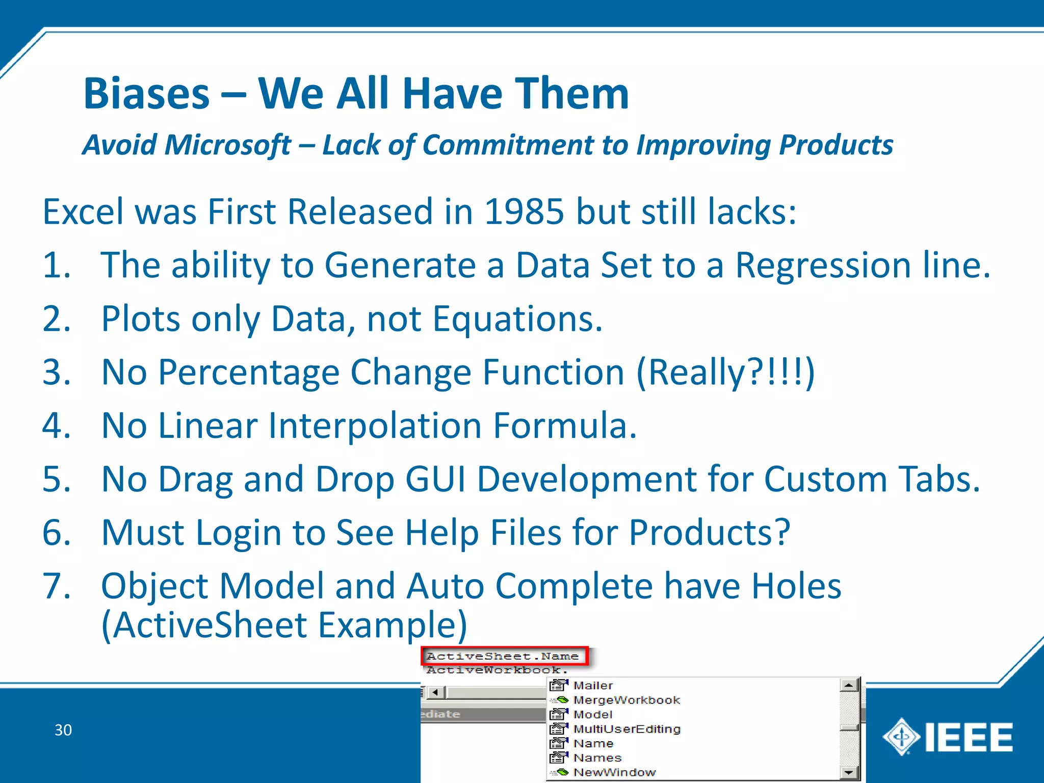 Biases – We All Have Them
Excel was First Released in 1985 but still lacks:
1. The ability to Generate a Data Set to a Regression line.
2. Plots only Data, not Equations.
3. No Percentage Change Function (Really?!!!)
4. No Linear Interpolation Formula.
5. No Drag and Drop GUI Development for Custom Tabs.
6. Must Login to See Help Files for Products?
7. Object Model and Auto Complete have Holes
(ActiveSheet Example)
30
Avoid Microsoft – Lack of Commitment to Improving Products
 