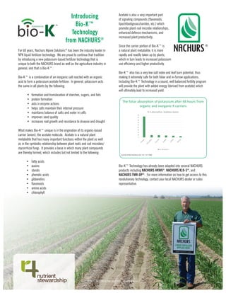 Introducing 
Bio-K™ 
Technology 
from NACHURS® 
For 68 years, Nachurs Alpine Solutions® has been the industry leader in 
NPK liquid fertilizer technology. We are proud to continue that tradition 
by introducing a new potassium-based fertilizer technology that is 
unique to both the NACHURS brand as well as the agriculture industry in 
general, and that is Bio-K™. 
Bio-K™ is a combination of an inorganic salt reacted with an organic 
acid to form a potassium acetate fertilizer. In general, potassium acts 
the same in all plants by the following: 
• formation and translocation of starches, sugars, and fats 
• protein formation 
• aids in enzyme actions 
• helps cells maintain their internal pressure 
• maintains balance of salts and water in cells 
• improves seed quality 
• increases root growth and resistance to disease and drought 
What makes Bio-K™ unique is in the origination of its organic-based 
carrier (anion), the acetate molecule. Acetate is a natural plant 
metabolite that has many important functions within the plant as well 
as in the symbiotic relationship between plant roots and soil microbes/ 
mycorrhizal fungi. It provides a base in which many plant compounds 
are thereby formed, which includes but not limited to the following: 
• fatty acids 
• auxins 
• sterols 
• phenolic acids 
• gibberelins 
• flavonoids 
• amino acids 
• chlorophyll 
Acetate is also a very important part 
of signaling compounds (flavonoids, 
lipochitooligosaccharides, etc.) which 
promote plant-soil microbe relationships, 
enhanced defence mechanisms, and 
increased plant productivity. 
Since the carrier portion of Bio-K™ is 
a natural plant metabolite, it is more 
rapidly and readily taken up by plants, 
which in turn leads to increased potassium 
use efficiency and higher productivity. 
Bio-K™ also has a very low salt index and leaf burn potential, thus 
making it extremely safe for both foliar and in-furrow applications. 
Including Bio-K™ Technology in a sound, well balanced fertility program 
will provide the plant with added energy (derived from acetate) which 
will ultimately lead to increased yield. 
The foliar absorption of potassium after 48 hours from 
organic and inorganic K carriers 
50 
45 
40 
35 
30 
25 
20 
15 
10 
5 
% K absorption, Soybean leaves 
% K absorption 
Journal of Plant Nutrition, 9(2), 143 -157 (1986) 
Bio-K™ Technology has already been adapted into several NACHURS 
products including NACHURS HKW6®, NACHURS K19-S®, and 
NACHURS TMR-DP®. For more information on how to get access to this 
revolutionary technology, contact your local NACHURS dealer or sales 
representative. 
© 2014. NACHURS ALPINE SOLUTIONS. All rights reserved. 
TM POWERED BY 
