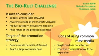 THE BIO-KULT CHALLENGE

Faisal Habib
Maleeha Tarannum
Tabassum Jahan

Issues to consider
•
•
•
•

Budget: Limited (BDT 500,000)
Awareness stage of the market: Unaware
Product category: Preventive medicine
Price range of the product: Expensive

Target of the promotion
strategy
• Communicate benefits of Bio-Kult
• Reach a large consumer base

Cons of using common
mass media
• Single media is not effective
• Effective combination would be
expensive

 