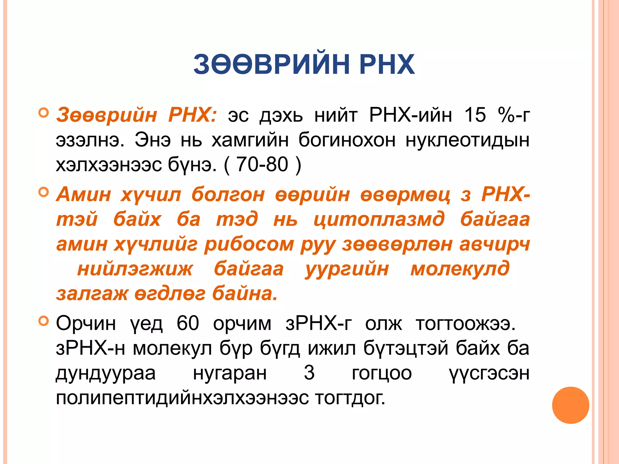 ЗӨӨВРИЙН РНХ
Зөөврийн РНХ: эс дэхь нийт РНХ-ийн 15 %-г
эзэлнэ. Энэ нь хамгийн богинохон нуклеотидын
хэлхээнээс бүнэ. ( 70-80 )
 Амин хүчил болгон өөрийн өвөрмөц з РНХтэй байх ба тэд нь цитоплазмд байгаа
амин хүчлийг рибосом руу зөөвөрлөн авчирч
нийлэгжиж байгаа уургийн молекулд
залгаж өгдлөг байна.
 Орчин үед 60 орчим зРНХ-г олж тогтоожээ.
зРНХ-н молекул бүр бүгд ижил бүтэцтэй байх ба
дундуураа
нугаран
3
гогцоо
үүсгэсэн
полипептидийнхэлхээнээс тогтдог.


 