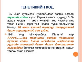 ГЕНЕТИКИЙН КОД
нь ижил гурамсан нуклеотидээс тогтох бөгөөд
түүнийг кодон гэдэг. Харин азотлог сууриуд 3, 3аараа хоршин 1 амин хүчлийн код үүсгэнэ гэж
үзвэл 4-ийн 3 зэрэг =64 кодон үүсэх боломжтой
бөгөөд 20 амин хүчилд түлхүүр тааруулахад
бүрэн хүрэлцээтэй гэж үздэг.
 1961
онд
М.Ниренберг,
Г.Маттэй
нар
УУУУУ........гэх мэтчилэн дандаа урацилаас
бүтсэн кодон бүхий мРНХ-ийн мэдээллээр
уургийн молекулд дахин дахин фенилаланин
залгагддаг болохыг тогтоосноор генетикийн кодыг
тайлах ажил эхэлжээ.

 