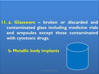 11. a. Glassware – broken or discarded and
contaminated glass including medicine vials
and ampoules except those contaminated
with cytotoxic drugs.
b. Metallic body implants
12
Dr. Shubhangi Kshirsagar
 