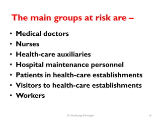 The main groups at risk are –
• Medical doctors
• Nurses
• Health-care auxiliaries
• Hospital maintenance personnel
• Patients in health-care establishments
• Visitors to health-care establishments
• Workers
14
Dr. Shubhangi Kshirsagar
 