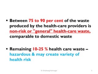  Between 75 to 90 per cent of the waste
produced by the health-care providers is
non-risk or "general" health-care waste,
comparable to domestic waste
 Remaining 10-25 % health care waste –
hazardous & may create variety of
health risk
5
Dr. Shubhangi Kshirsagar
 