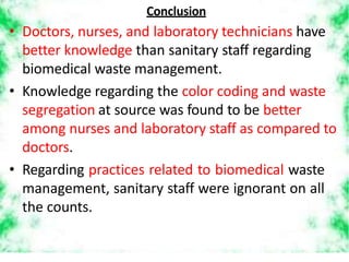 • Doctors, nurses, and laboratory technicians have
better knowledge than sanitary staff regarding
biomedical waste management.
• Knowledge regarding the color coding and waste
segregation at source was found to be better
among nurses and laboratory staff as compared to
doctors.
• Regarding practices related to biomedical waste
management, sanitary staff were ignorant on all
the counts.
Conclusion
 