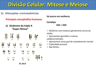 3) Alterações cromossômicas
Principais aneuploidias humanas
e) Síndrome do triplo X
“Super-fêmea”
Só ocorre em mulheres
Cariótipo
44A + XXX
o Mulheres com estatura geralmente acima da
média.
o Apresentam genitália e mamas
subdesenvolvidas.
o Apresentam certo gral de retardamento mental.
o Puberdade precoce.
o São férteis.
Divisão Celular: Mitose e MeioseDivisão Celular: Mitose e Meiose
 