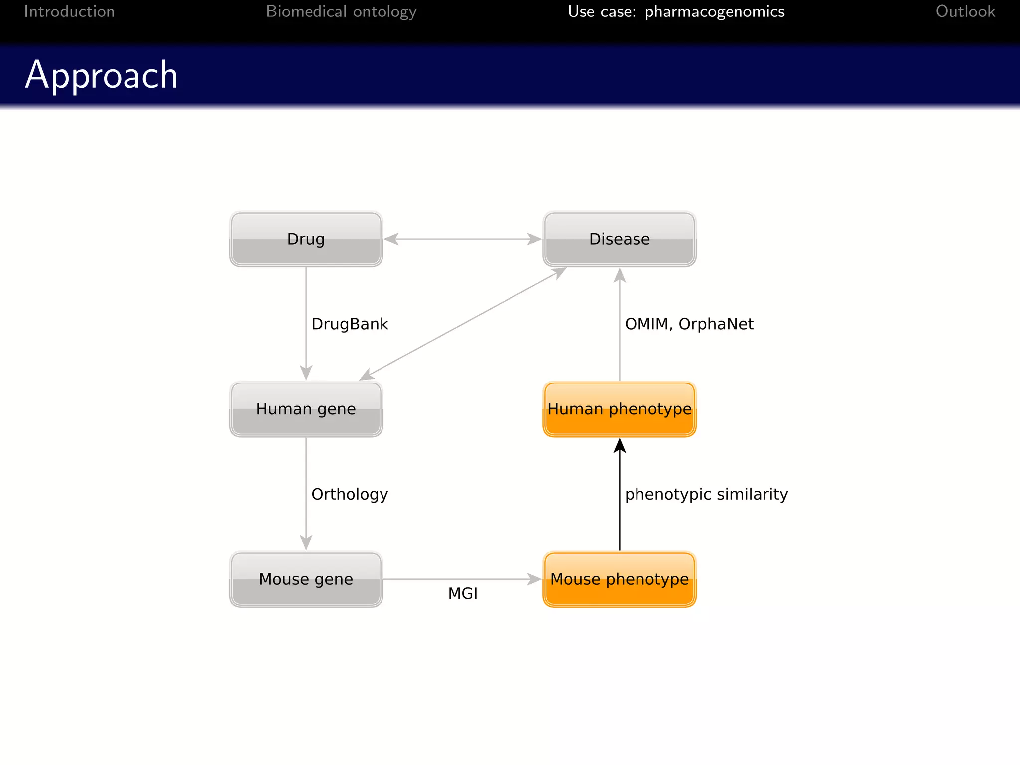 Introduction   Biomedical ontology   Use case: pharmacogenomics   Outlook



Approach
 