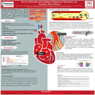 American Heart Association. (2004) Heart disease and stroke statistics – 2004 update. Dallas, Texas: American Heart Association
Antithrom- botic
Recent Molecular and traditional Diagnostic Biomarkers for
Ischemic Heart Disease
Abanoub Moawad; Ahmed Ibrahim; Ahmed Ramadan; Ahmed Ismael; Ahmed Salem; Ahmed Said; Ahmed Osma; Ahmed Fouad; Ahmed Fathi; Ahmed Magdi; Ahmed Fouad;
Ahmed Nagib; Ahmed Mahmoud; Ahmed Mukhtar; Ahmed Moatamed; Ahmed Mousa; Osama Kamel; Esraa Hassan
Ischemic heart disease (IHD) is a condition
which results from reduced blood supply to
the heart muscle. This usually involves
impairment of blood flow through the
coronary arteries, most commonly caused by
atherosclerotic narrowing, but occasionally
due to arterial spasm.(1)
1. Myocardial infarction .
2.Angina pectoris.
3. Chronic IHD with heart failure.
4.Sudden cardiac death.(3)
Causes
Bio markers
Genetics
Atherosclerosis may start when certain factors
damage the inner layers of the arteries. These factors in-
clude:
•Smoking
•High amounts of certain fats and cholesterol in the blood
•High blood pressure
•High amounts of sugar in the blood due to insulin
resistance or diabetes (2)
Syndromes
1.Malondialdehyde low density lipoprotein (MDA-lDl)
MDA is a candidate compound which causes oxidative modification of
LDL and not only serves as an oxidative stress marker but as a marker of
plaque destabilization.
i) Traditional
ii)Recent
2. Whole blood choline.
Whole blood (WBCHO) and plasma choline concentrations increase after
stimulation of phospholipase D and the activation of coronary plaque cell
surface receptors or ischemia. Phospholipase D activation in coronary
plaques causes stimulation of macrophage by oxidized LDL, secretion of
matrix metalloproteinase enzymes and activation of platelets..
3. Ischemia modified albumin (IMA)
Ischemia Modified Albumin generation:mainly start from hypoxia from anaerobic metabolism reduces ATP and
causes a [2]lower localized pH inducing acidosis. [3]Cu+2
ions are released from plasma proteins such as
caeruloplasmin. In the presence of ascorbic acid, [4]Cu+2
is converted to Cu+.
reacts with O2 to form [5]O2
•
dismutase
dismutates the O2 •–
to [6]H2O2, which in presence of Cu++
or Fe+
, undergoes the Fenton reaction forming [7]OH•
hydroxyl radicals. Free Cu++
is scavenged by [8]HSA, where it binds tightly to the N-terminus. OH •
radicals alter the
amino acid N-terminus of [9]HSA rendering it incapable of binding Cu++
. These two altered forms are known as
IMA. altereforms are known as IMA.
DNA polymorphism (5)
1) Rs2296545
 Present in Renalase gene which expressed to produce
renalase enzyme which decreases ambulatory blood pres-
sure and that prevent the development of cardiac hypertro-
phy, which present on position on chromosome (10).
C allele was found to be associated with down regulation of
renalase enzyme and lead to increase in BP and elevated
 circulated catecholamine so C allele may be predisposing
factor for IHD
2) RS 2241766
Present in adipopectin gene (ADIPQ) which expressed to ADIPQ protein act
as protective protein against IHD working by inhibiting binding LDL to
biglycan so decrease atherosclerosis plaque formation . Result from C to G
variant at position 11.377 in promoter region of gene lead to down regulation
of protein so it present a risk factor for IHD
Micro RNA (6)
MiR-1231
MiR-1231 was abnormally over expressed in human MI hearts, MiR-1231
suppresses CACNA2D2 gene (calcium channel gene) expression by target-
ing its mRNA. which exacerbates arrhythmia in myocardial infarcted heart.
References
1/American Heart Association. (2004) Heart disease and stroke statistics – 2004 update. Dallas, Texas: American Heart As-
sociation
2/Antithrombotic Trialists' Collaboration. Collaborative meta-analysis of randomised trials of antiplatelet therapy for pre-
vention of death, myocardial infarction, and stroke in high risk patients. BMJ. 2002;324:71-86 as cited by BMJ Best Practice
(2009) ‘Non-ST-elevation myocardial infarction’ accessed at http://bestpractice.bmj.com/best-practice/monograph/151/
treatment/step-by-step.html November 2009
3/Baxter, P., Petch, M., (2000) ‘Cardiovascular Disorders’ in Cox, R. Edwards, F. Palmer, K. (Eds.) (2000) ‘Fitness for Work:
3rd Edition’ pp349-70 Oxford University Press, Oxford
4/Benowitz NL. (1992) ‘Cardiotoxicity in the workplace’ in Occupational Medicine 1992;7:465-78 as cited by British Heart
Foundation (2005) ‘Factfile – returning to work’ accessed at www.bhf.org October 2009
5/Best Practice ‘Unstable Angina’ accessed at http://bestpractice.bmj.com/best-practice/monograph/149/highlights.html No-
vember 2009
6/ BMJ Clinical Evidence (2009) ‘Angina (Chronic Stable) accessed at http://clinicalevidence.bmj.com/ceweb/conditions/
Under supervision
There are different proteins released in blood after heart
injury by different time intervals and used as traditional
biomarkers for MI as summarized in figure 2 (3)
(1)
Figure 1
Figure 2
(4)
FIGURE 3
(4)
Prof. Zeinab A. Hassan Dr. Heba T. Sharf Dr. Hanaa B .atya Dr. Doaa Abdel-mohsen
 