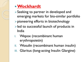  Wockhardt
Seeking to partner in developed and
emerging markets for bio-similar portfolio
pioneering efforts in biotechnology
led to successful launch of products in
India
I. Wepox (recombinant human
erythropoietin)
II. Wosulin (recombinant human insulin)
III. Glaritus (long-acting Insulin Glargine)
 
