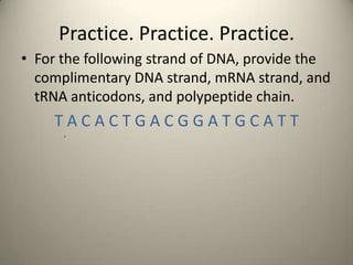 Practice. Practice. Practice.
• For the following strand of DNA, provide the
complimentary DNA strand, mRNA strand, and
tRNA anticodons, and polypeptide chain.

TACACTGACGGATGCATT

 