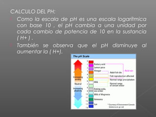 CALCULO DEL PH:
 Como la escala de pH es una escala logarítmica
con base 10 , el pH cambia a una unidad por
cada cambio de potencia de 10 en la sustancia
( H+ ) . 
 También se observa que el pH disminuye al
aumentar la ( H+).
 