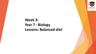 Week 3:
Year 7 : Biology
Lessons: Balanced diet
 