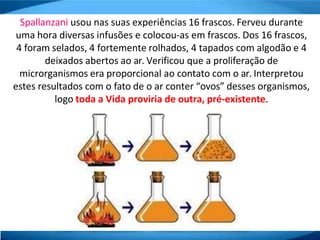 Spallanzani usou nas suas experiências 16 frascos. Ferveu durante
uma hora diversas infusões e colocou-as em frascos. Dos 16 frascos,
4 foram selados, 4 fortemente rolhados, 4 tapados com algodão e 4
deixados abertos ao ar. Verificou que a proliferação de
microrganismos era proporcional ao contato com o ar. Interpretou
estes resultados com o fato de o ar conter “ovos” desses organismos,
logo toda a Vida proviria de outra, pré-existente.
 