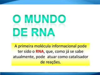 A primeira molécula informacional pode
ter sido o RNA, que, como já se sabe
atualmente, pode atuar como catalisador
de reações.
 