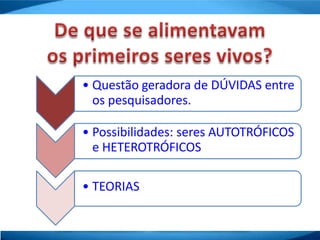 • Questão geradora de DÚVIDAS entre
os pesquisadores.
• Possibilidades: seres AUTOTRÓFICOS
e HETEROTRÓFICOS
• TEORIAS
 