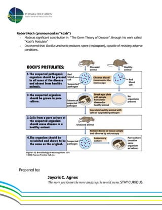 Robert Koch (pronounced as “koxh”)
- Made as significant contribution in “The Germ Theory of Disease”, through his work called
“Koch’s Postulate”
- Discovered that Bacillus anthracis produces spore (endospore), capable of resisting adverse
conditions.
Prepared by:
Jaycris C. Agnes
The more you know the more amazing the worldseems.STAYCURIOUS.
 