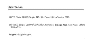 Referências:
LOPES, Sônia; ROSSO, Sergio. BIO. São Paulo: Editora Saraiva, 2010.
LINHARES, Sérgio; GEWANDSZNNADJER, Fernando. Biologia hoje. São Paulo: Editora
ática, 2011.
Imagens: Google imagens.
.
 