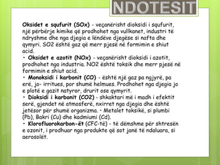 Oksidet e squfurit (SOx) - veçanërisht dioksidi i squfurit,
një përbërje kimike që prodhohet nga vullkanet, industri të
ndryshme dhe nga djegia e lëndëve djegëse si nafta dhe
qymyri. SO2 është gaz që merr pjesë në formimin e shiut
acid.
• Oksidet e azotit (NOx) - veçanërisht dioksidi i azotit,
prodhohet nga industria. NO2 është toksik dhe merr pjesë në
formimin e shiut acid.
• Monoksidi i karbonit (CO) - është një gaz pa ngjyrë, pa
erë, jo- irritues, por shumë helmues. Prodhohet nga djegia jo
e plotë e gazit natyror, drurit ose qymyrit.
• Dioksidi i karbonit (CO2) - shkaktari më i madh i efektit
serë, gjendet në atmosferë, nxirret nga djegia dhe është
jetësor për shumë organizma. • Metalet toksikë, si plumbi
(Pb), Bakri (Cu) dhe kadmiumi (Cd).
• Klorofluorokarbon-ët (CFC-të) - të dëmshme për shtresën
e ozonit, i prodhuar nga produkte që sot janë të ndaluara, si
aerosolët.
 