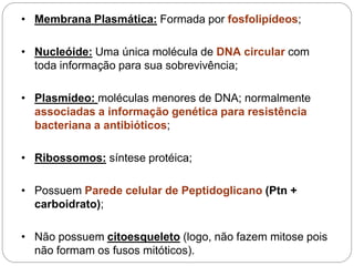 • Membrana Plasmática: Formada por fosfolipídeos;
• Nucleóide: Uma única molécula de DNA circular com
toda informação para sua sobrevivência;
• Plasmídeo: moléculas menores de DNA; normalmente
associadas a informação genética para resistência
bacteriana a antibióticos;
• Ribossomos: síntese protéica;
• Possuem Parede celular de Peptidoglicano (Ptn +
carboidrato);
• Não possuem citoesqueleto (logo, não fazem mitose pois
não formam os fusos mitóticos).
 