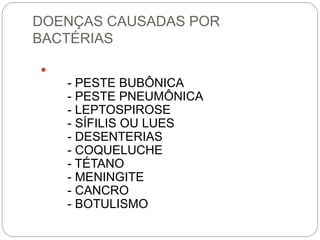 DOENÇAS CAUSADAS POR
BACTÉRIAS

- PESTE BUBÔNICA
- PESTE PNEUMÔNICA
- LEPTOSPIROSE
- SÍFILIS OU LUES
- DESENTERIAS
- COQUELUCHE
- TÉTANO
- MENINGITE
- CANCRO
- BOTULISMO
 