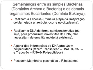Semelhanças entre as simples Bactérias
(Domínios Archea e Bacteria) e os demais
organismos Eucariontes (Domínio Eukarya):
 Realizam a Glicólise (Primeira etapa da Respiração
celular; etapa anaeróbia; ocorre no citoplasma);
 Replicam o DNA de forma semiconservativa (ou
seja, para produzirem novas fitas de DNA, elas
necessitam de uma fita molde já existente);
 A partir das informações do DNA produzem
polipeptídeos (fazem Transcrição – DNARNA –
e Tradução – RNA Polipeptídeos);
 Possuem Membrana plasmática e Ribossomos
 