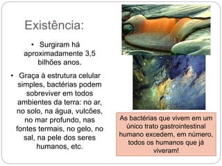• Surgiram há
aproximadamente 3,5
bilhões anos.
• Graça à estrutura celular
simples, bactérias podem
sobreviver em todos
ambientes da terra: no ar,
no solo, na água, vulcões,
no mar profundo, nas
fontes termais, no gelo, no
sal, na pele dos seres
humanos, etc.
Existência:
As bactérias que vivem em um
único trato gastrointestinal
humano excedem, em número,
todos os humanos que já
viveram!
 