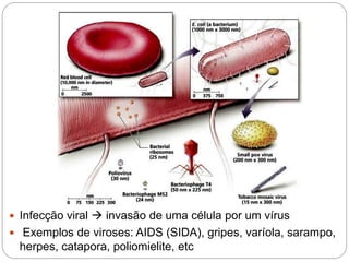  Infecção viral  invasão de uma célula por um vírus
 Exemplos de viroses: AIDS (SIDA), gripes, varíola, sarampo,
herpes, catapora, poliomielite, etc
 