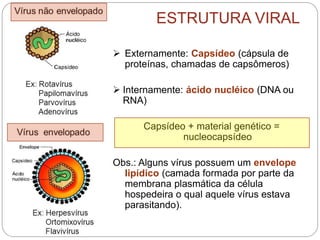 ESTRUTURA VIRAL
 Externamente: Capsídeo (cápsula de
proteínas, chamadas de capsômeros)
 Internamente: ácido nucléico (DNA ou
RNA)
Capsídeo + material genético =
nucleocapsídeo
Obs.: Alguns vírus possuem um envelope
lipídico (camada formada por parte da
membrana plasmática da célula
hospedeira o qual aquele vírus estava
parasitando).
 