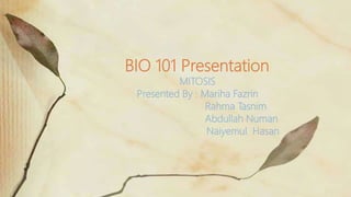 MITOSIS
Presented By : Mariha Fazrin
Rahma Tasnim
Abdullah Numan
Naiyemul Hasan
BIO 101 Presentation
 