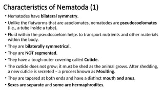 Characteristics of Nematoda (1)
• Nematodes have bilateral symmetry.
• Unlike the flatworms that are acoelomates, nematodes are pseudocoelomates
(i.e., a tube inside a tube).
• Fluid within the pseudocoelom helps to transport nutrients and other materials
within the body.
• They are bilaterally symmetrical.
• They are NOT segmented.
• They have a tough outer covering called Cuticle.
• The cuticle does not grow; it must be shed as the animal grows. After shedding,
a new cuticle is secreted – a process known as Moulting.
• They are tapered at both ends and have a distinct mouth and anus.
• Sexes are separate and some are hermaphrodites.
 