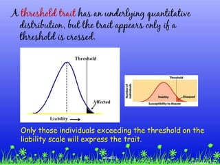 A threshold trait has an underlying quantitative
distribution, but the trait appears only if a
threshold is crossed.
Only those individuals exceeding the threshold on the
liability scale will express the trait.
8ccex2015
 