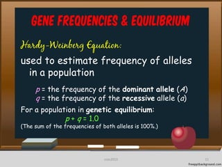 Gene frequencies & equilibrium
Hardy-Weinberg Equation:
used to estimate frequency of alleles
in a population
p = the frequency of the dominant allele (A)
q = the frequency of the recessive allele (a)
For a population in genetic equilibrium:
p + q = 1.0
(The sum of the frequencies of both alleles is 100%.)
11cces2015
 