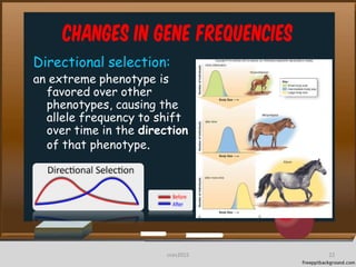 Changes in Gene frequencies
Directional selection:
an extreme phenotype is
favored over other
phenotypes, causing the
allele frequency to shift
over time in the direction
of that phenotype.
22cces2015
 