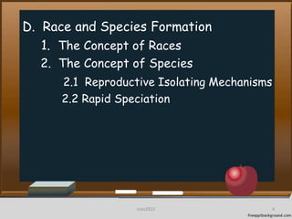 D. Race and Species Formation
1. The Concept of Races
2. The Concept of Species
2.1 Reproductive Isolating Mechanisms
2.2 Rapid Speciation
4cces2015
 