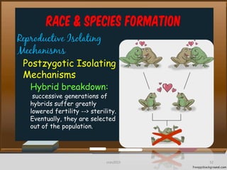 Race & Species Formation
Reproductive Isolating
Mechanisms
Postzygotic Isolating
Mechanisms
Hybrid breakdown:
successive generations of
hybrids suffer greatly
lowered fertility --> sterility.
Eventually, they are selected
out of the population..
52cces2015
 