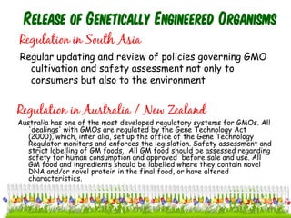 Regulation in South Asia
Regular updating and review of policies governing GMO
cultivation and safety assessment not only to
consumers but also to the environment
Release of Genetically Engineered Organisms
Regulation in Australia / New Zealand
Australia has one of the most developed regulatory systems for GMOs. All
'dealings' with GMOs are regulated by the Gene Technology Act
(2000), which, inter alia, set up the office of the Gene Technology
Regulator monitors and enforces the legislation. Safety assessment and
strict labelling of GM foods. All GM food should be assessed regarding
safety for human consumption and approved before sale and use. All
GM food and ingredients should be labelled where they contain novel
DNA and/or novel protein in the final food, or have altered
characteristics.
42cces2015
 