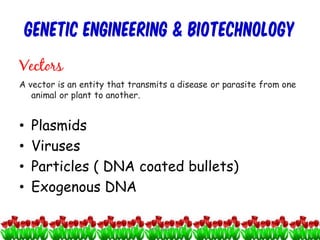 GENETIC ENGINEERING & BIOTECHNOLOGY
Vectors
A vector is an entity that transmits a disease or parasite from one
animal or plant to another.
• Plasmids
• Viruses
• Particles ( DNA coated bullets)
• Exogenous DNA
9cces2015
 