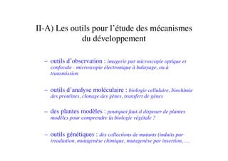 II-A) Les outils pour l’étude des mécanismes
du développement	

–  outils d’observation : imagerie par microscopie optique et
confocale - microscopie électronique à balayage, ou à
transmission 	

–  outils d’analyse moléculaire : biologie cellulaire, biochimie
des protéines, clonage des gènes, transfert de gènes	

–  des plantes modèles : pourquoi faut-il disposer de plantes
modèles pour comprendre la biologie végétale ?	

–  outils génétiques : des collections de mutants (induits par
irradiation, mutagenèse chimique, mutagenèse par insertion, …	

 