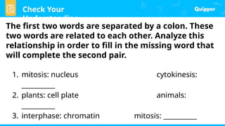 Check Your
Understanding
The first two words are separated by a colon. These
two words are related to each other. Analyze this
relationship in order to fill in the missing word that
will complete the second pair.
1. mitosis: nucleus cytokinesis:
__________
2. plants: cell plate animals:
__________
3. interphase: chromatin mitosis: __________
 