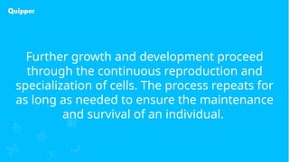 Further growth and development proceed
through the continuous reproduction and
specialization of cells. The process repeats for
as long as needed to ensure the maintenance
and survival of an individual.
 