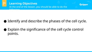 Learning Objectives
At the end of the lesson, you should be able to do the
following:
● Identify and describe the phases of the cell cycle.
● Explain the significance of the cell cycle control
points.
 