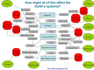 How might all of this affect the
Earth’s systems?
Runoff
Air
Pollution
Solid
Waste
Air
Pollution Fossil Fuels
Fossil Fuels
Freezer
Fertilizers
Pesticides
Truck
Truck
Machinery
Hydropower
Truck
Fossil Fuels
Machinery
Fossil Fuels
Damage
To Ozone
Packaging
Hydroflourocarbons
Forests
Irrigation
Forests Built-up Land
Grazing Land
Forests
River
Cropland
Hydropower
Freezer
Food waste
Machinery Producer
Distribution Center
Processing Plant
Suppliers
Bob’s Burger Shop
Fossil Fuels
Fossil Fuels
Fossil Fuels
Truck
Hydroelectric dam
Loss of
Biodiversity
Fossil Fuels
Built-up Land
Animal Feed
Loss of
Biodiversity
Irrigation
Seeds
Air
Pollution
Forests
http://www.rprogress.org/
 