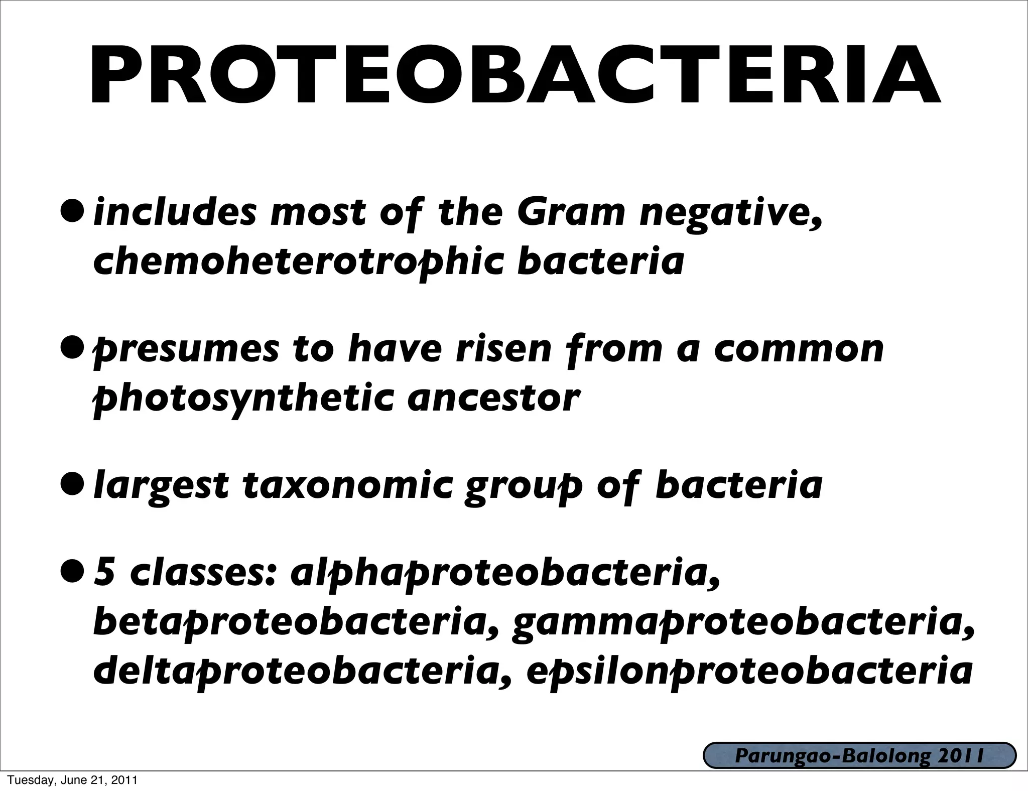 PROTEOBACTERIA
       • includes most of the Gram negative,
              chemoheterotrophic bacteria

       • presumes to have risen from a common
              photosynthetic ancestor

       • largest taxonomic group of bacteria
       • 5 classes: alphaproteobacteria,
              betaproteobacteria, gammaproteobacteria,
              deltaproteobacteria, epsilonproteobacteria
                                            Parungao-Balolong 2011
Tuesday, June 21, 2011
 