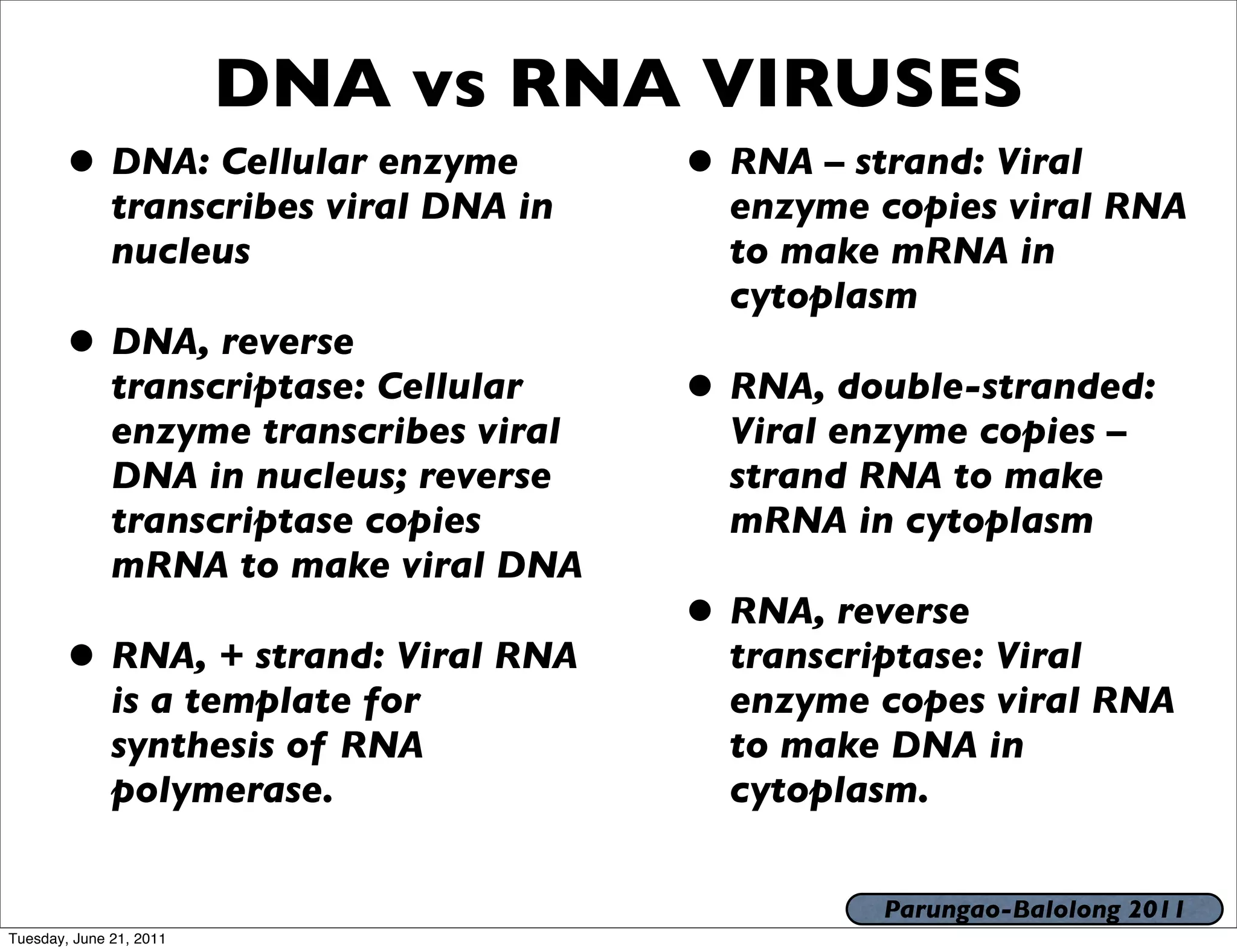 DNA vs RNA VIRUSES
       • DNA: Cellular enzyme            • RNA – strand: Viral
              transcribes viral DNA in     enzyme copies viral RNA
              nucleus                      to make mRNA in
                                           cytoplasm
       • DNA, reverse
              transcriptase: Cellular    • RNA, double-stranded:
              enzyme transcribes viral     Viral enzyme copies –
              DNA in nucleus; reverse      strand RNA to make
              transcriptase copies         mRNA in cytoplasm
              mRNA to make viral DNA
                                         • RNA, reverse
       • RNA, + strand: Viral RNA          transcriptase: Viral
              is a template for            enzyme copes viral RNA
              synthesis of RNA             to make DNA in
              polymerase.                  cytoplasm.

                                                   Parungao-Balolong 2011
Tuesday, June 21, 2011
 