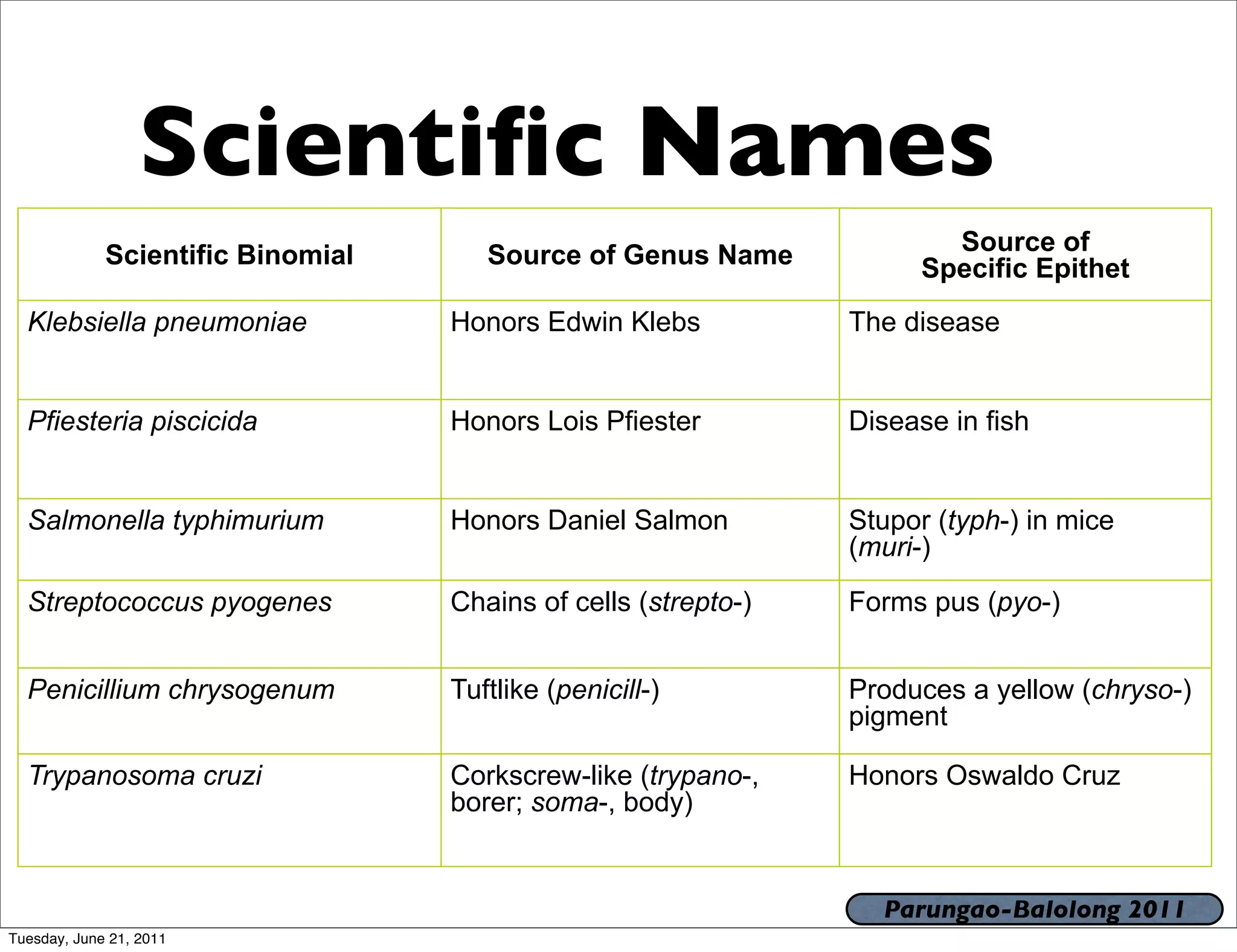 Scientiﬁc Names
             Scientific Binomial      Source of Genus Name              Source of
                                                                      Specific Epithet
  Klebsiella pneumoniae            Honors Edwin Klebs           The disease


  Pfiesteria piscicida             Honors Lois Pfiester         Disease in fish


  Salmonella typhimurium           Honors Daniel Salmon         Stupor (typh-) in mice
                                                                (muri-)
  Streptococcus pyogenes           Chains of cells (strepto-)   Forms pus (pyo-)


  Penicillium chrysogenum          Tuftlike (penicill-)         Produces a yellow (chryso-)
                                                                pigment

  Trypanosoma cruzi                Corkscrew-like (trypano-,    Honors Oswaldo Cruz
                                   borer; soma-, body)


                                                                  Parungao-Balolong 2011
Tuesday, June 21, 2011
 