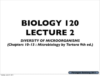 BIOLOGY 120
                          LECTURE 2
                  DIVERSITY OF MICROORGANISMS
           (Chapters 10-13 : Microbiology by Tortora 9th ed.)




                                                Parungao-Balolong 2011
Tuesday, June 21, 2011
 
