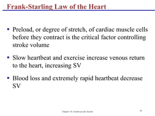 Chapter 18, Cardiovascular System 56
Frank-Starling Law of the Heart
 Preload, or degree of stretch, of cardiac muscle cells
before they contract is the critical factor controlling
stroke volume
 Slow heartbeat and exercise increase venous return
to the heart, increasing SV
 Blood loss and extremely rapid heartbeat decrease
SV
 