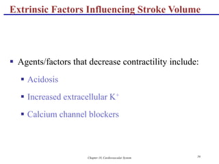 Chapter 18, Cardiovascular System 59
Extrinsic Factors Influencing Stroke Volume
 Agents/factors that decrease contractility include:
 Acidosis
 Increased extracellular K+
 Calcium channel blockers
 